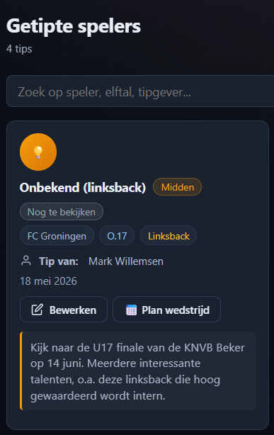 Getipte spelers: overzicht met status, Bewerken en Plan wedstrijd